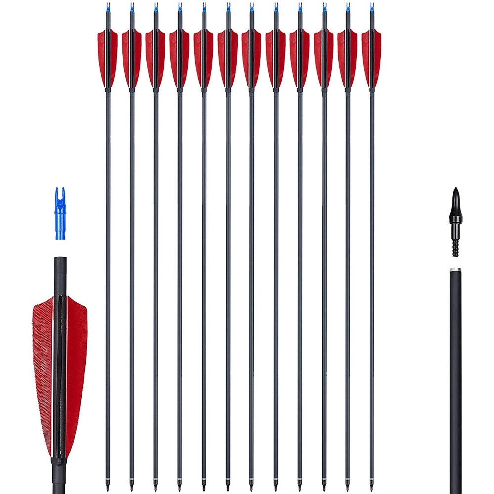 StoneSky 12Pcs 30" Carbon Shaft Arrows Spine 500 OD 7.6mm True Turkey Feathers Hunting