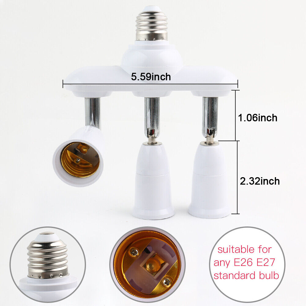 3 in 1 Light Socket Splitter E26 E27 Adapter Converter Horizontal 360°Adjustable