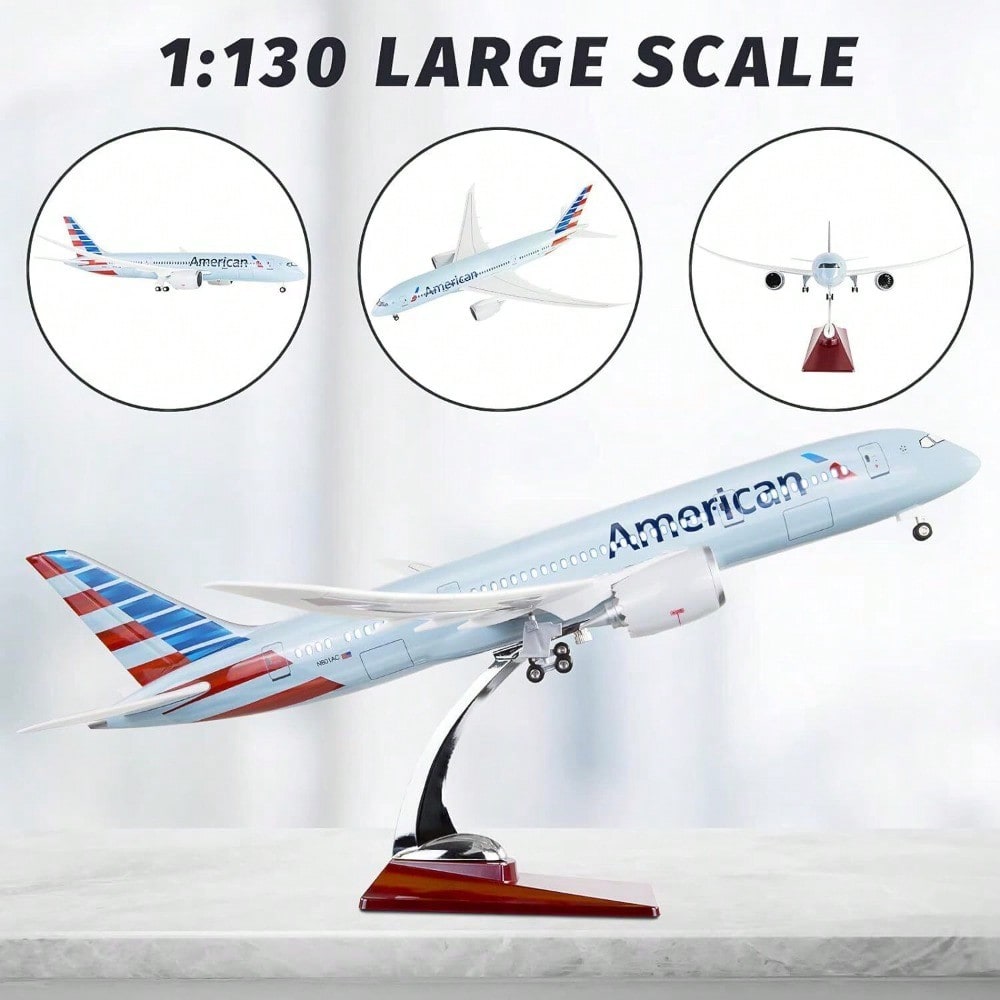 STONESKY 18" 1:130 Scale Model Jet Airplane American Boeing 787 Model Plane W/ LED Light