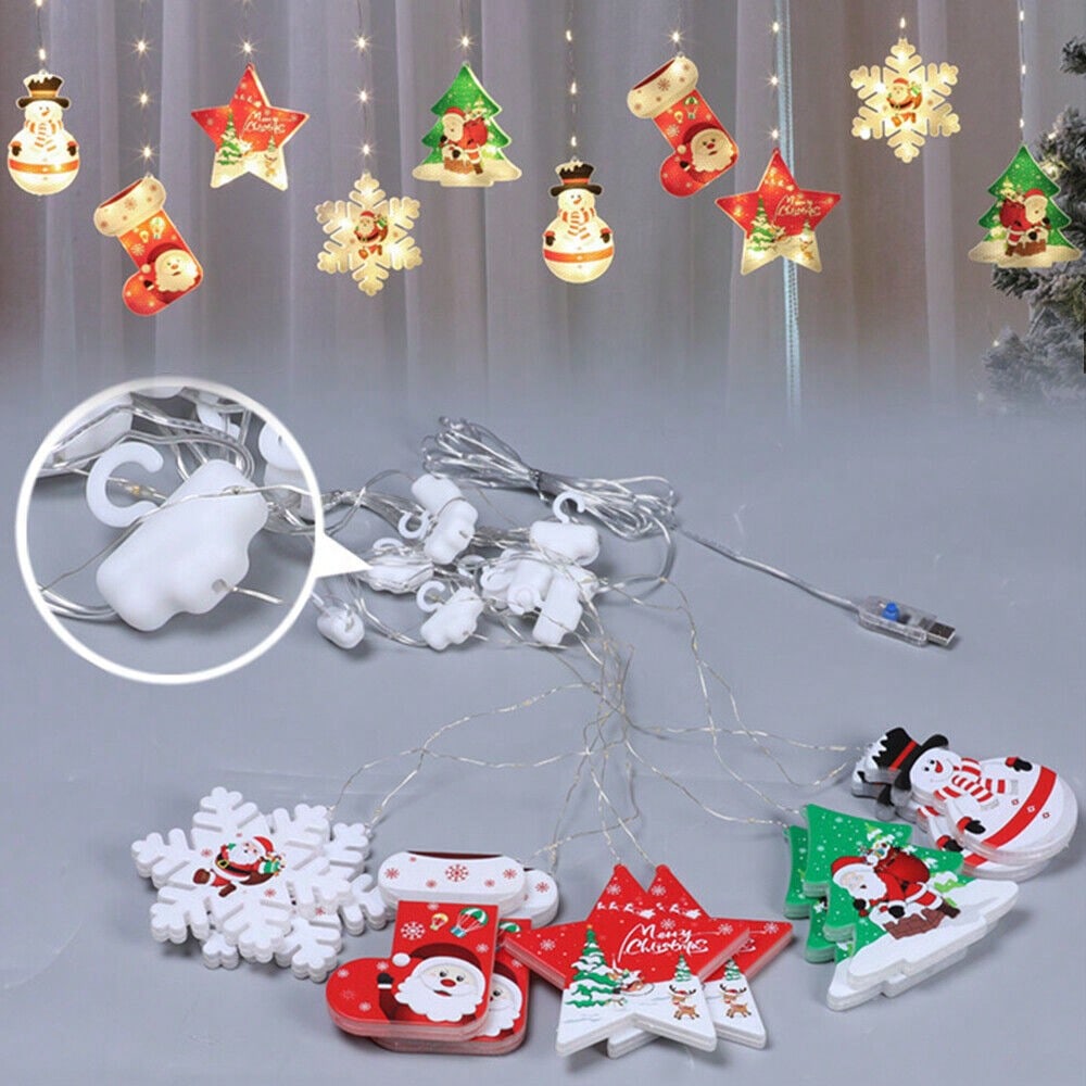 STONESKY 10Ft 10 LED Christmas Curtain Fairy Light USB Snowflake Santa Boot Star Decor
