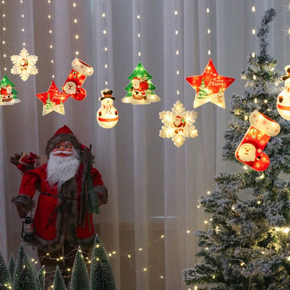 STONESKY 10Ft 10 LED Christmas Curtain Fairy Light USB Snowflake Santa Boot Star Decor
