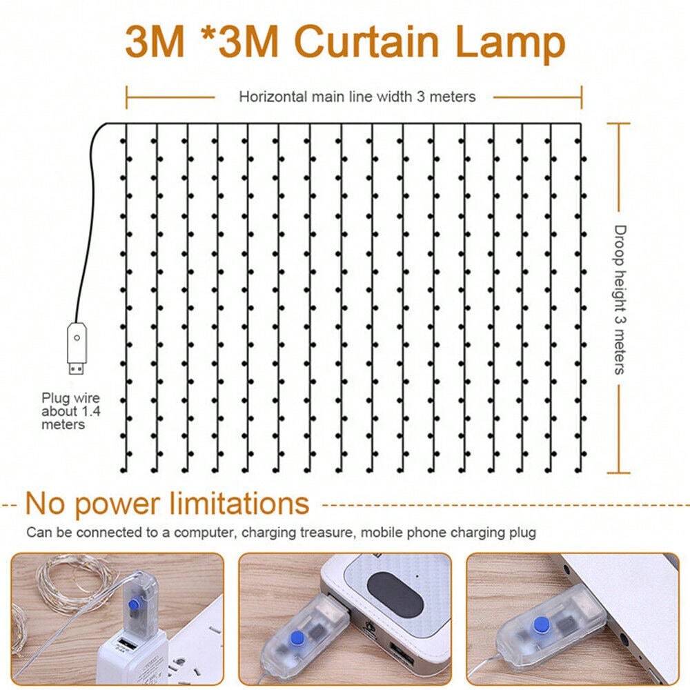 STONESKY 300 LED Curtain Fairy Lights USB String Light Xmas Wedding Party Decor w/ Remote