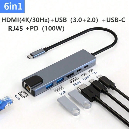 STONESKY Portable 6 In 1 HDMI Ethernet Multiport Type C Adapter For Laptop IPhone IPad
