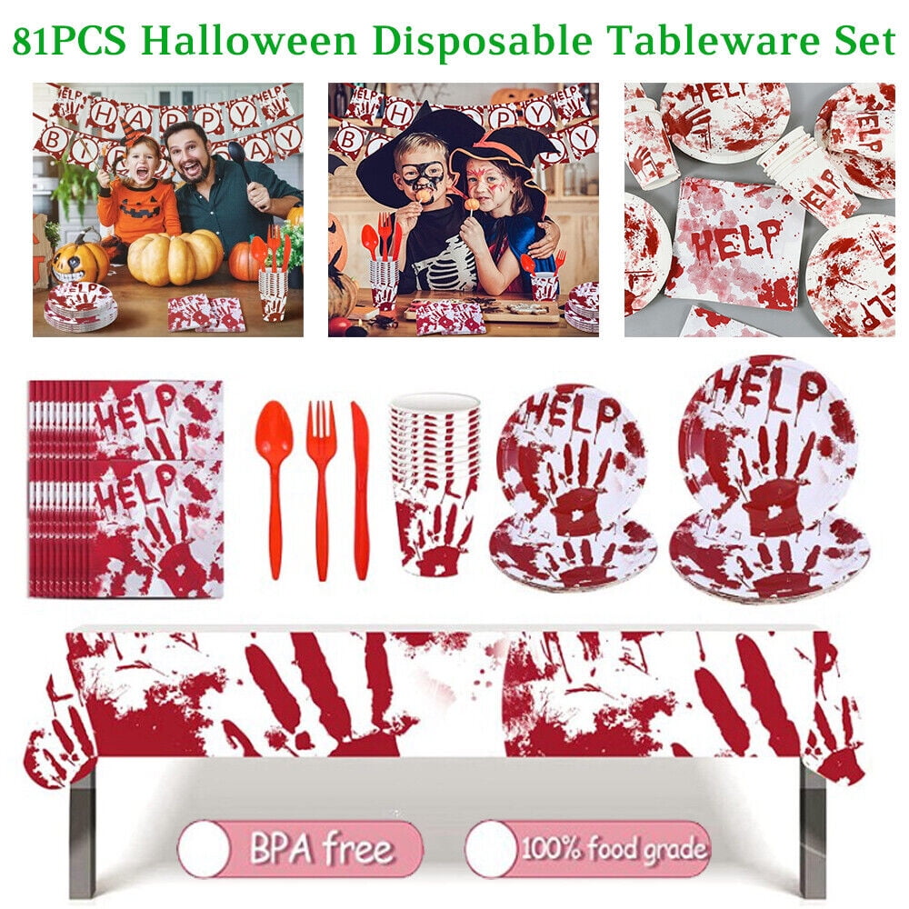 EROCK 81Pieces Halloween Disposable Tableware Halloween Party Supplies Dinnerware Set