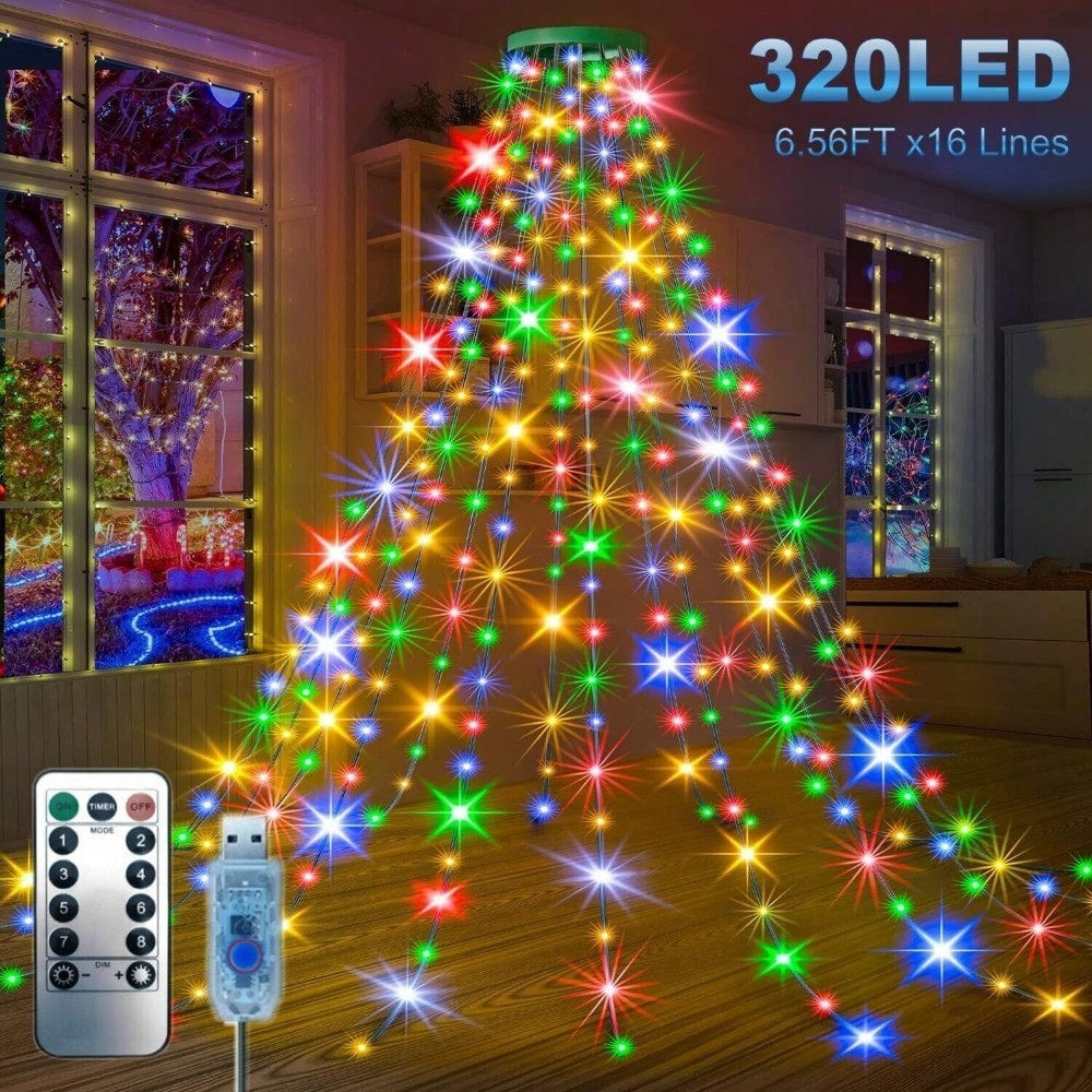 STONESKY Christmas Tree Waterfall String Lights 6.56FT x 16 Lines 320 LED USB Xmas Lights