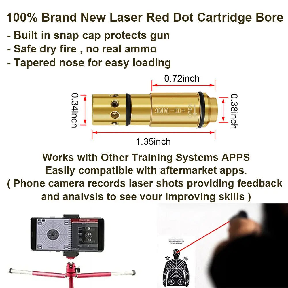 STONESKY 9mm Red Laser Bore Sight Cartridge Shooting Training Boresighter w/ 9Pcs Battery night vision scope