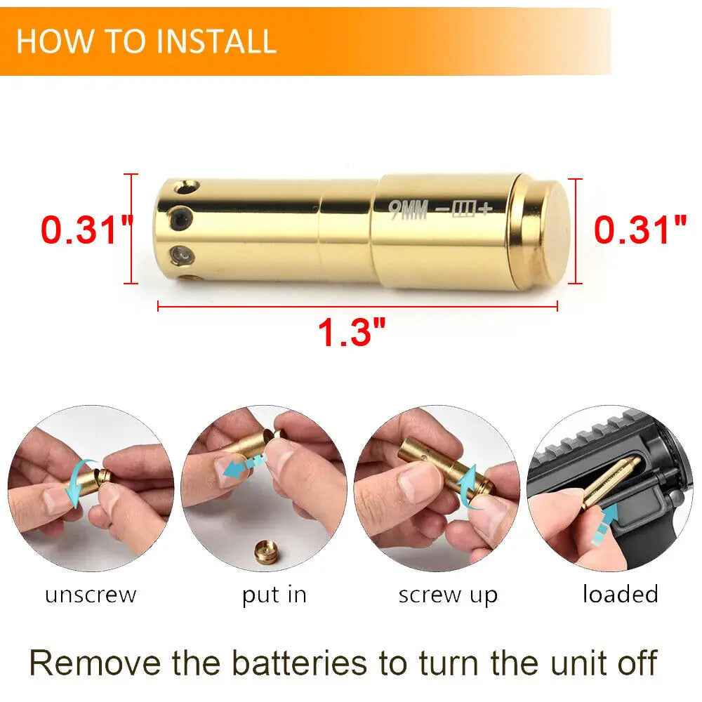 STONESKY 9mm Green Laser Bore Sight Cartridge Boresight Dry Fire Shooting Training Brass 12Pcs Batteries Included
