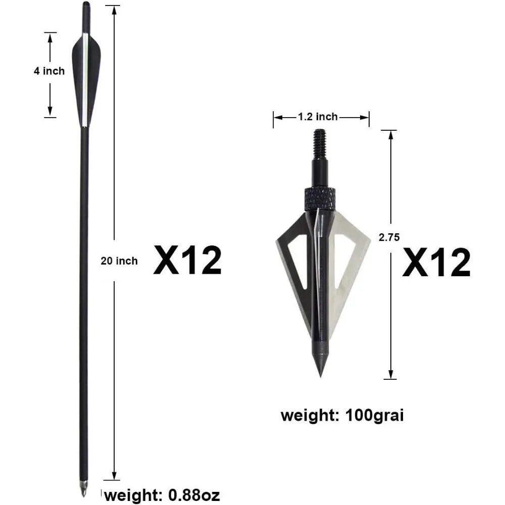 STONESKY 12Pcs 20'' Carbon Crossbow Bolts Archery Hunting w/ 12Pcs 100 Garin Arrowhead hunting bow