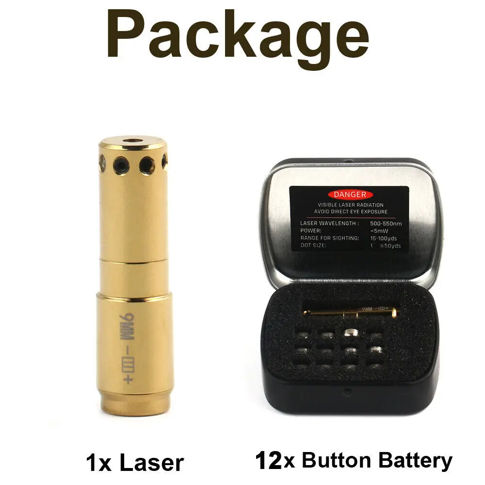 STONESKY 9mm Green Laser Bore Sight Cartridge Boresight Dry Fire Shooting Training Brass 12Pcs Batteries Included