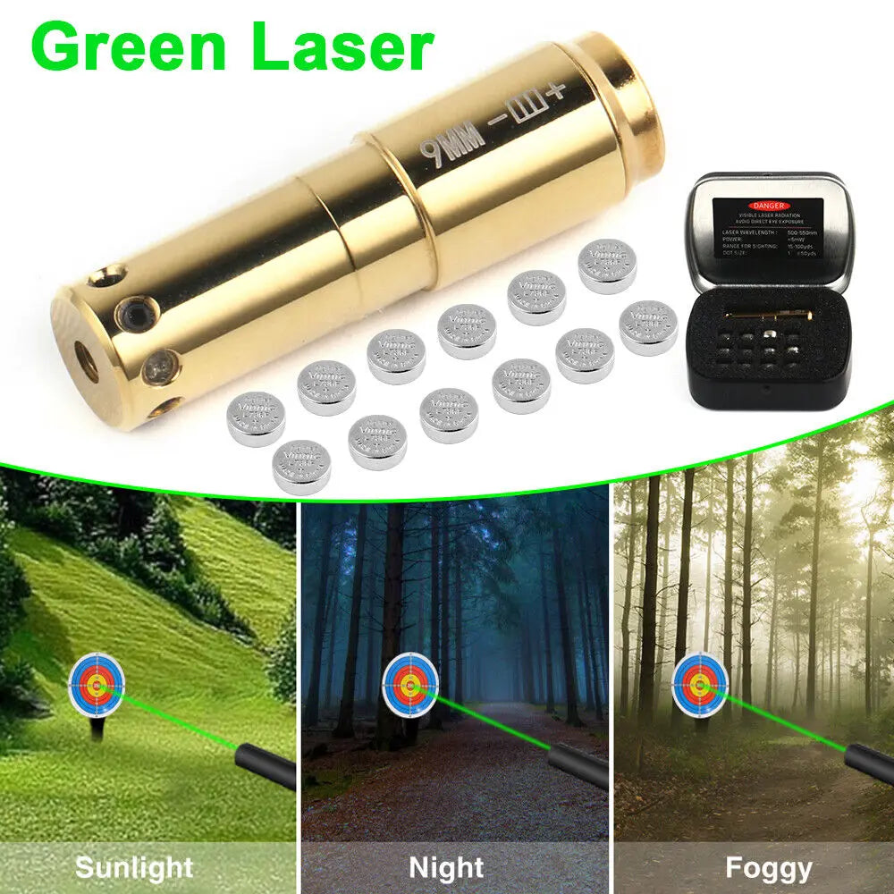 STONESKY 9mm Green Laser Bore Sight Cartridge Boresight Dry Fire Shooting Training Brass 12Pcs Batteries Included