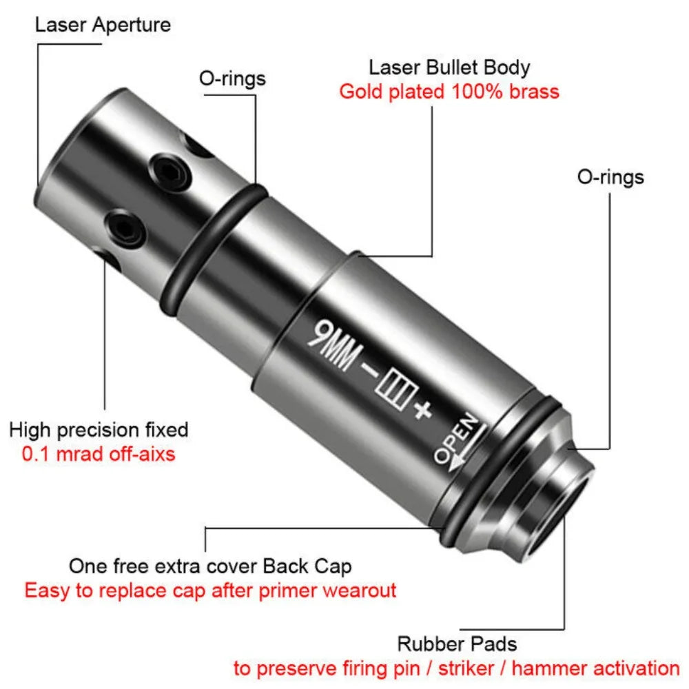 STONESKY Tactical 9mm Red Laser Bore Sight Cartridge Dry Fire Shooting Training Brass Boresight