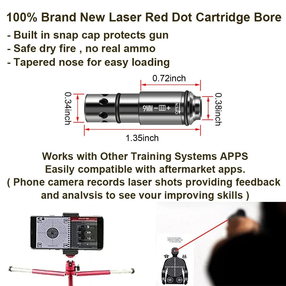 STONESKY Tactical 9mm Red Laser Bore Sight Cartridge Dry Fire Shooting Training Brass Boresight