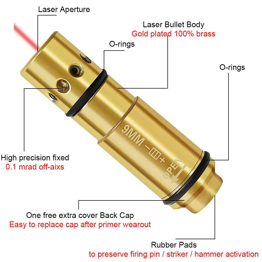 STONESKY 9mm Red Laser Bore Sight Cartridge Shooting Training Boresighter w/ 9Pcs Battery night vision scope
