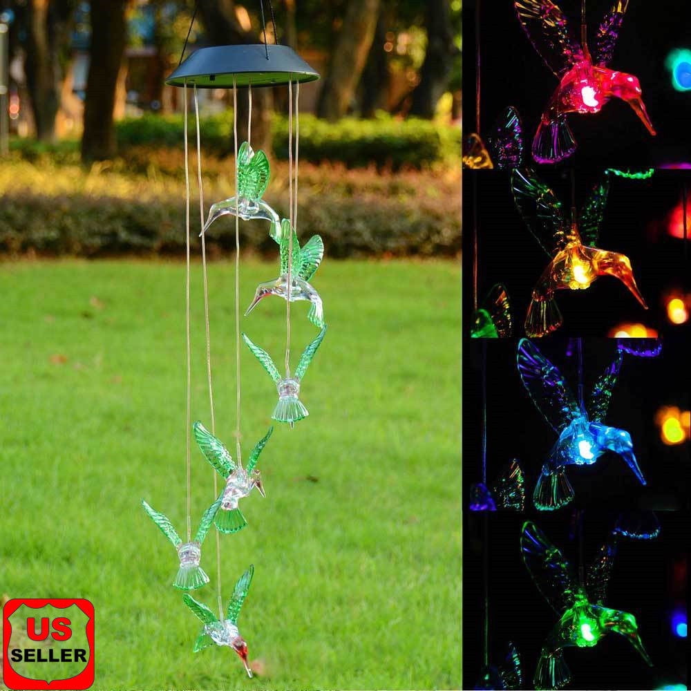 Solar Changing Color Hummingbird Wind Chime, LINKPAL Solar Powered LED Hanging Lamp Windchime Light for Outdoor Indoor Gardening Yard Pathway
