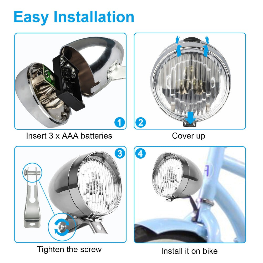 StoneSky 2Pack Classical Vintage 3-LED Bike Headlight Bicycle Retro Light Front Head Lamp