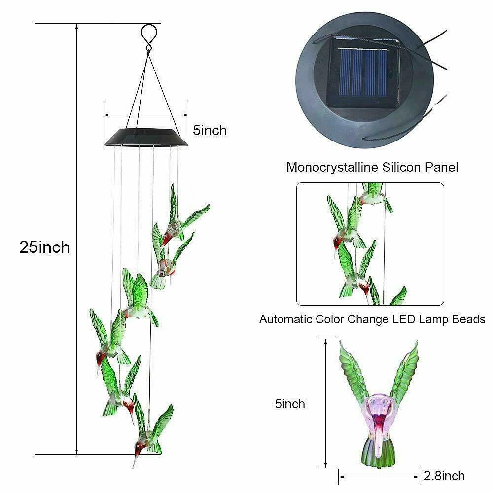 StoneSky Color-Changing LED Hummingbird Solar Wind Chimes Yard Home Garden Decor Lights