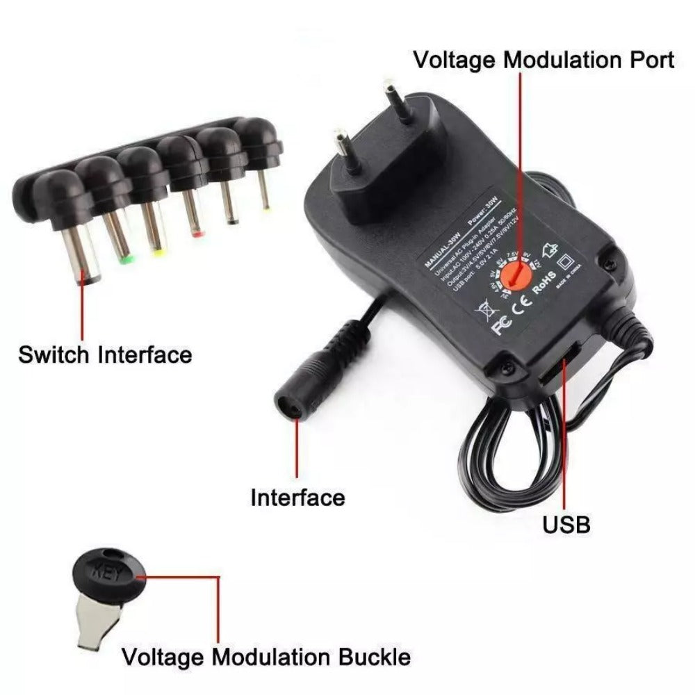 STONESKY 30W Universal AC/DC Adapter, Dteck Multi Voltage Switching Power Supply with 8 Selectable Tips & 5V 2.1A USB Port For 3V to 12V Max 2A Household Electronics and LED Strip