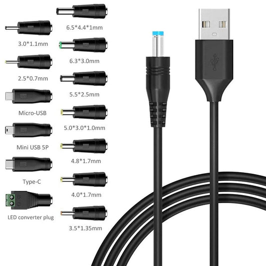 STONESKY EROCK 5V Universal DC Power Cable USB to DC 5.5x2.1mm Charging Cord with 13Pcs Adapter