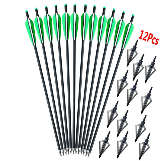 STONESKY 12Pcs 20" Carbon Crossbow Bolts Arrows OD8.8mm Shaft + Hunting Arrow Broadheads