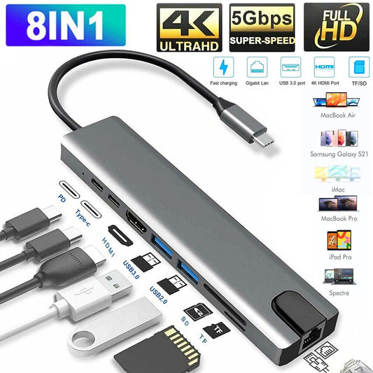 StoneSky 8 in 1 USB-C Hub Type C To USB 3.0 4K HDMI PD Adapter For iPhone Macbook Pro/Air