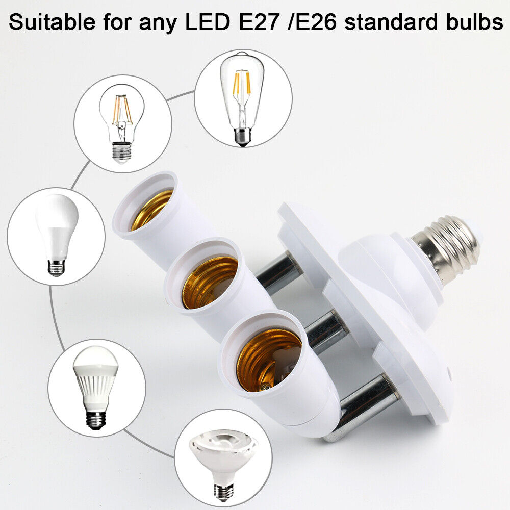 3 in 1 Light Socket Splitter E26 E27 Adapter Converter Horizontal 360°Adjustable