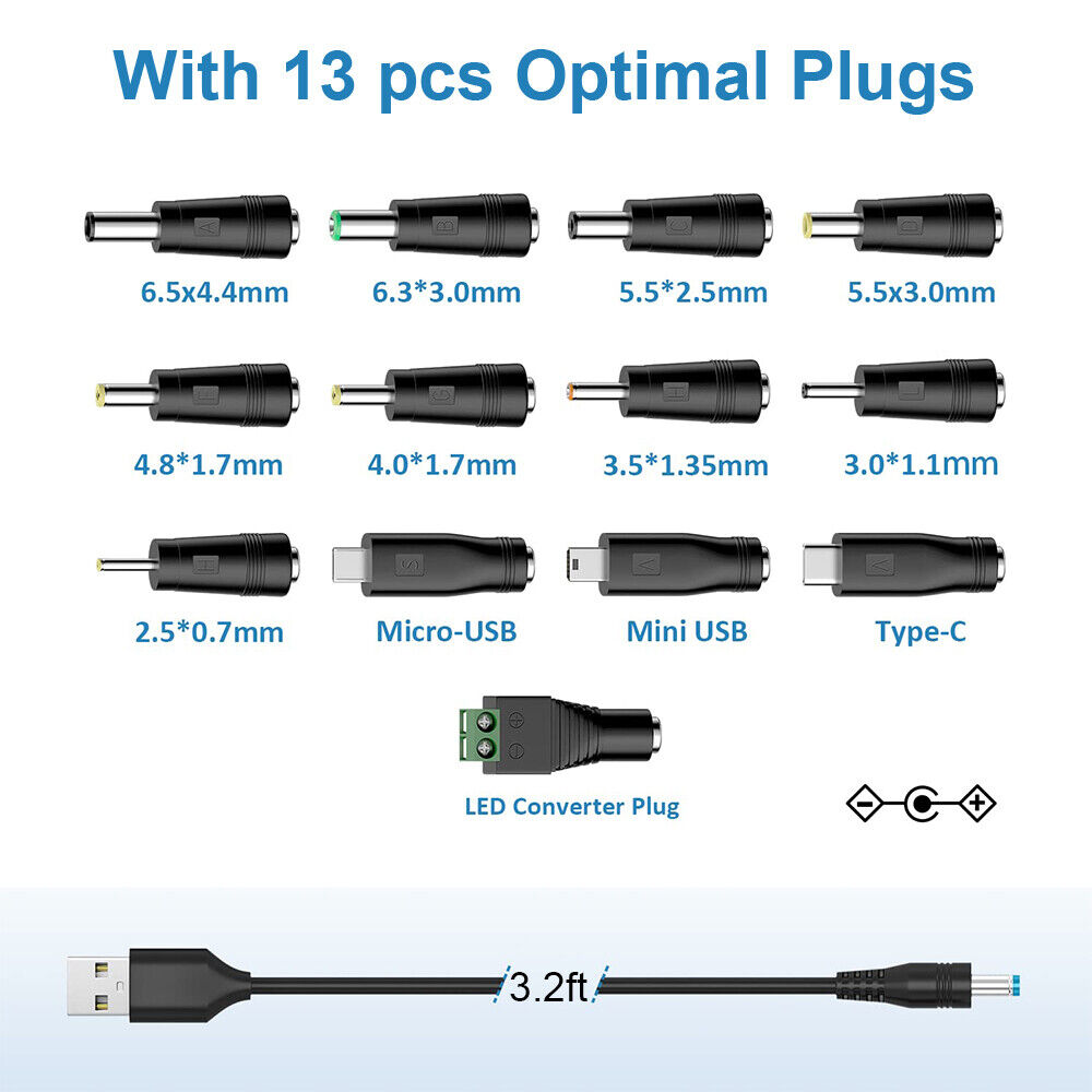 StoneSky 5V Universal USB to DC Charging Cord 5.5x2.1mm Power Cable w/ 13pcs Adapter