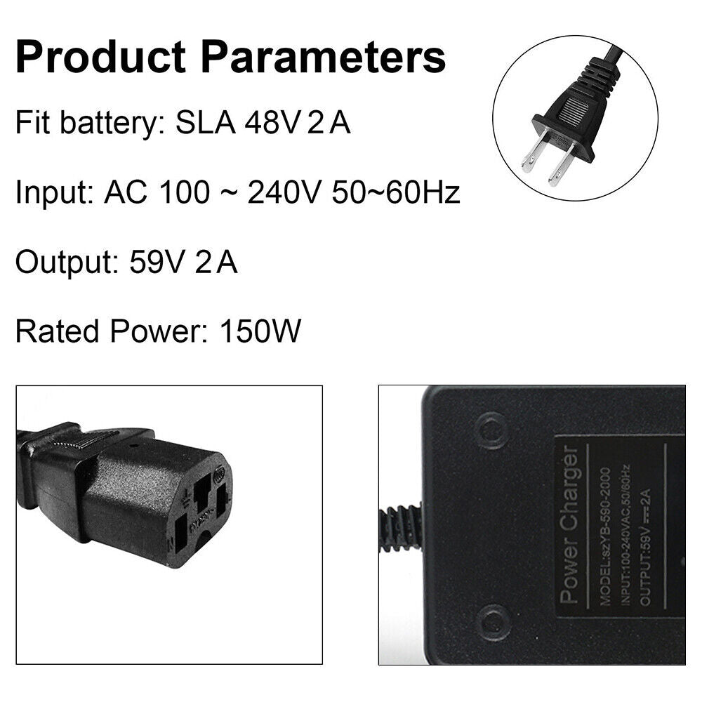 48V Fast Ebike Electric Scooter Lead-Acid Battery Charger 59V 2A T Plug Power