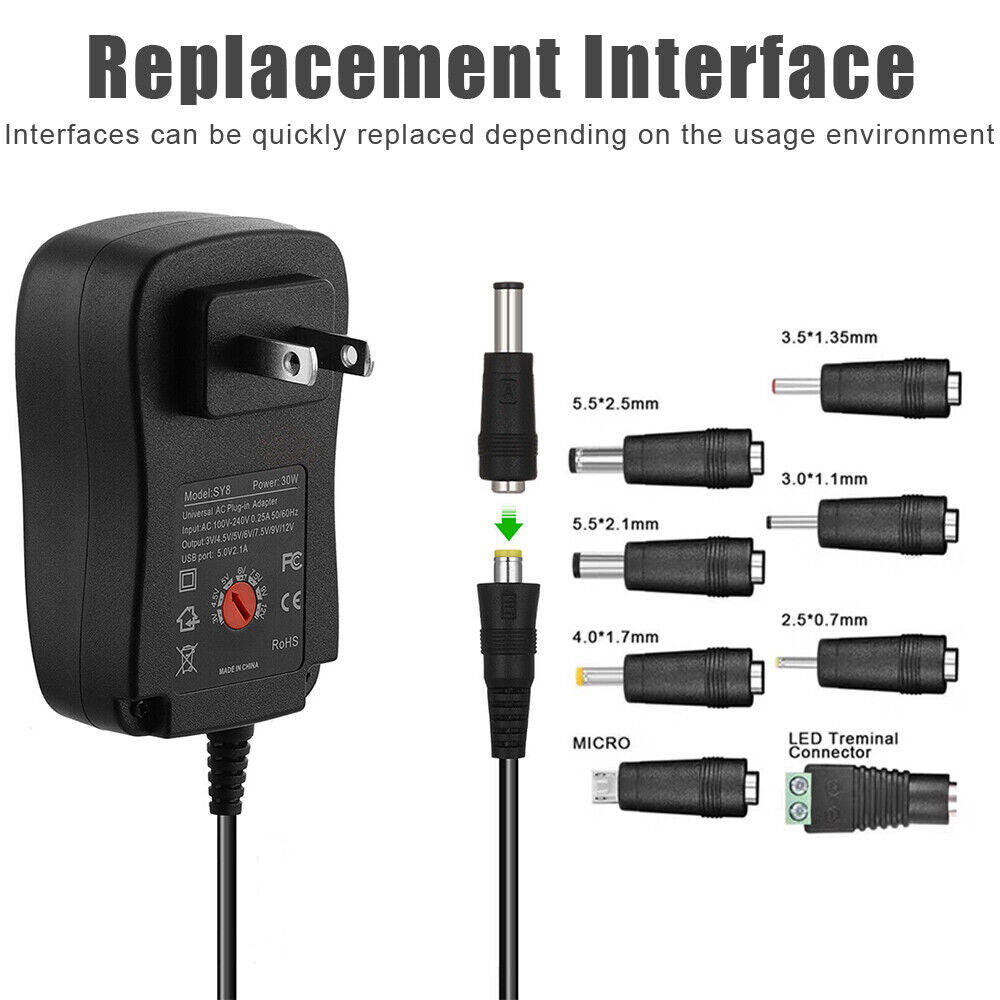 30W Universal Power Adapter AC DC 3V-12V Multi Voltage Charger Converter 8 Tips