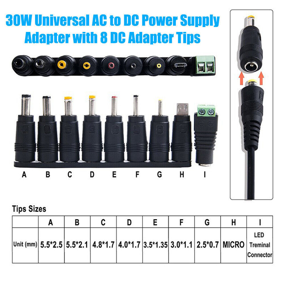 30W Universal Power Adapter AC DC 3V-12V Multi Voltage Charger Converter 8 Tips