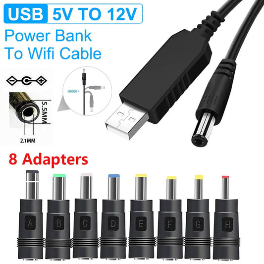 StoneSky DC 5V To 12V Power Supply USB to 5.5 x 2.1mm Jack Plug Charger Cable With 8 Tips