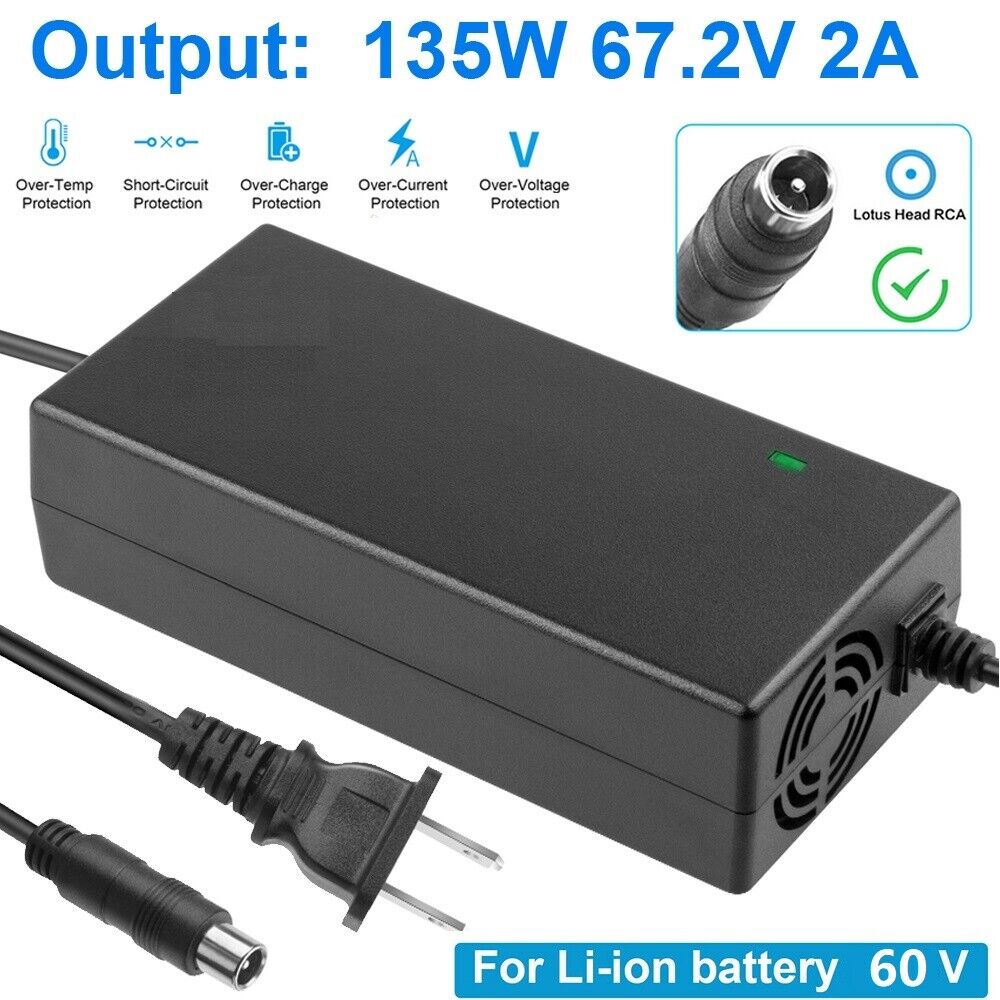 StoneSky 67.2V 2A Li-ion Battery 60V Electric Bicycle Adapter Charger RCA 8mm Lotus Plug