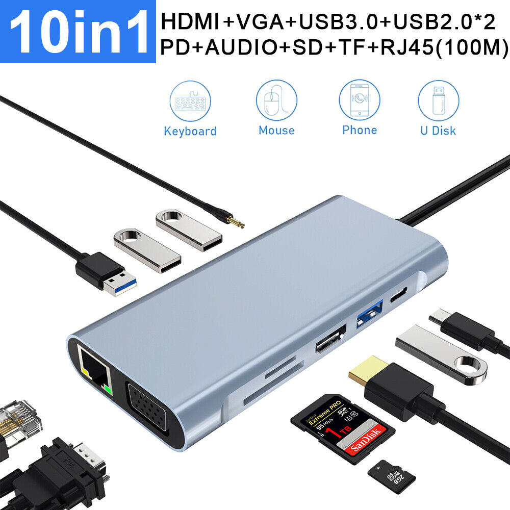 StoneSky 10 in 1 HUB Type-C to 4K HDMI VGA USB Multi Port Adapter for PC Laptop Macbook