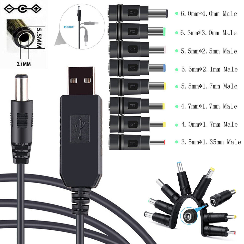 StoneSky DC 5V To 12V Power Supply USB to 5.5 x 2.1mm Jack Plug Charger Cable With 8 Tips