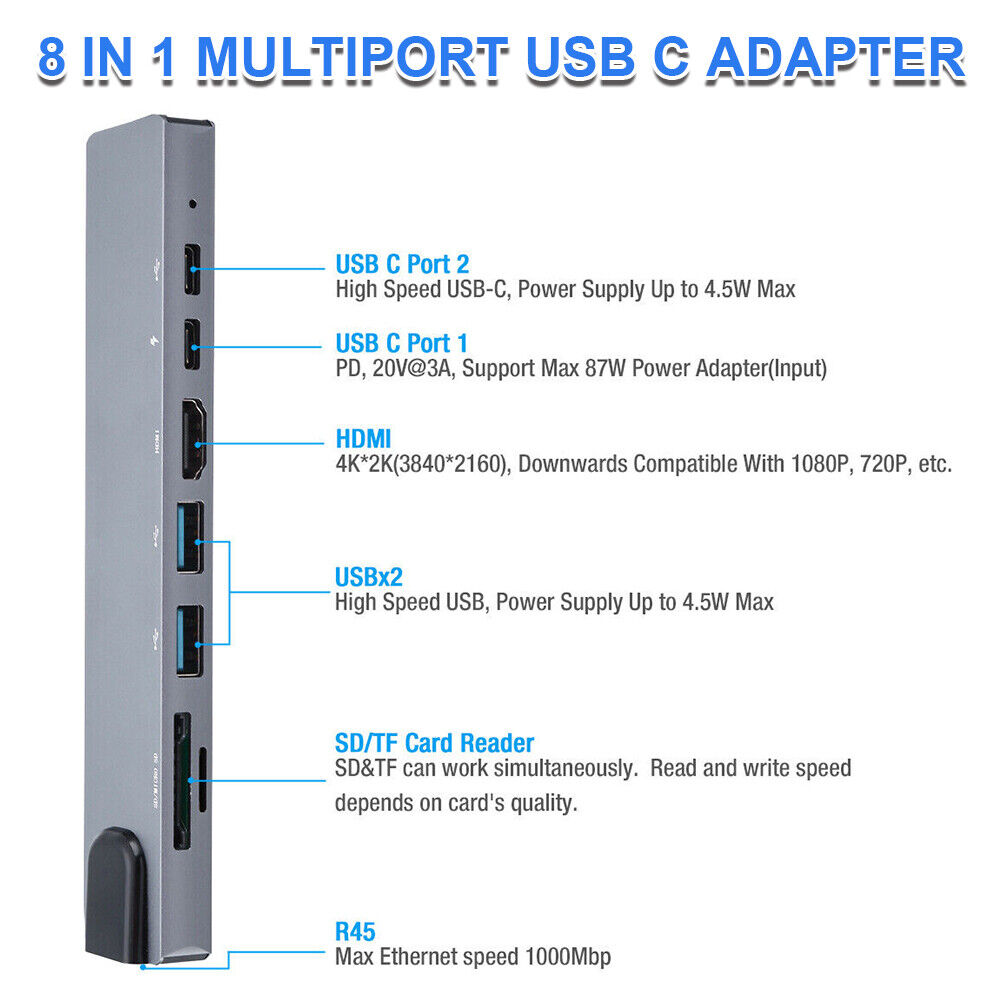 StoneSky 8 in 1 USB-C Hub Type C To USB 3.0 4K HDMI PD Adapter For iPhone Macbook Pro/Air