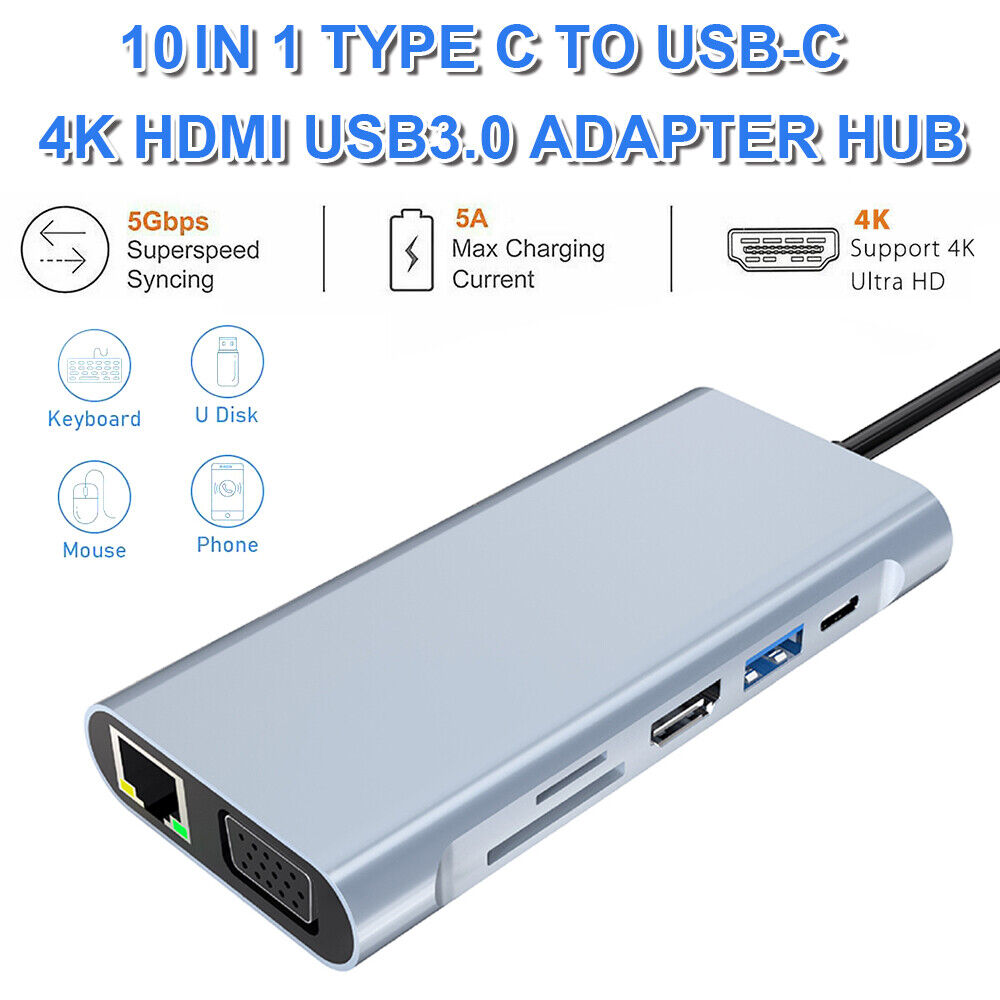 StoneSky 10 in 1 HUB Type-C to 4K HDMI VGA USB Multi Port Adapter for PC Laptop Macbook