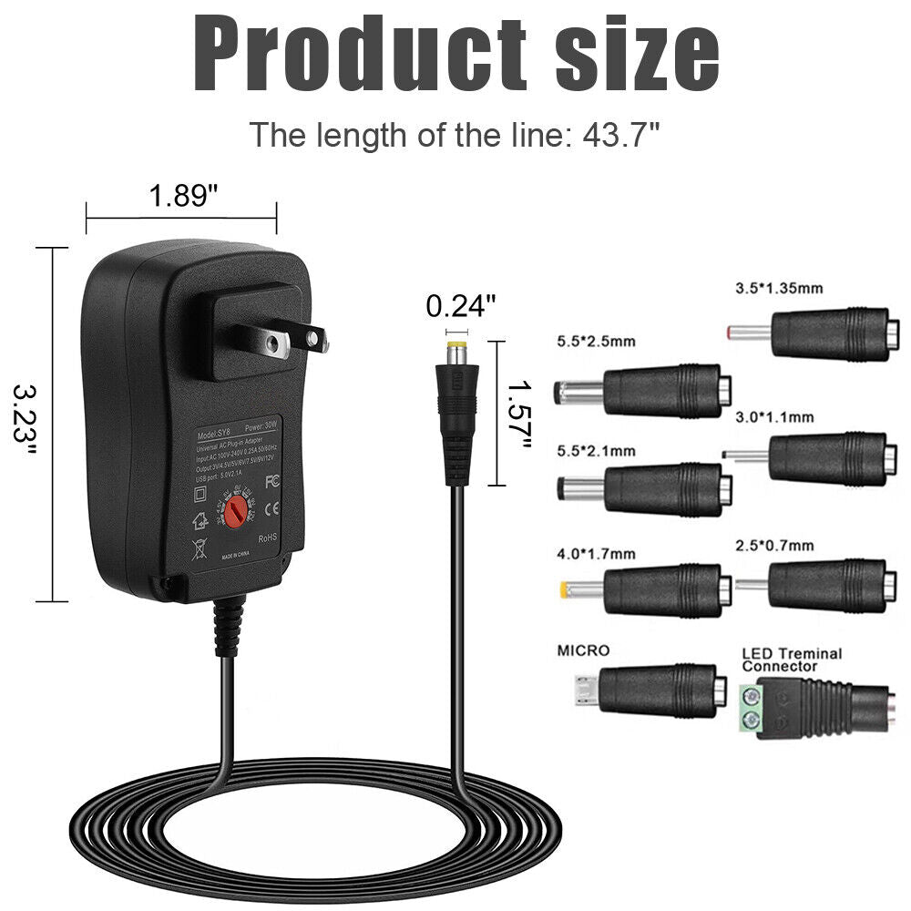 30W Universal Power Adapter AC DC 3V-12V Multi Voltage Charger Converter 8 Tips