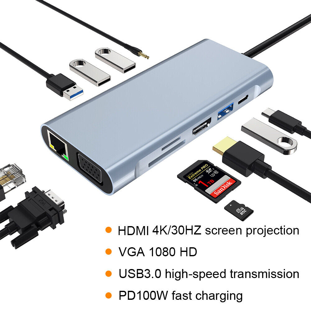 StoneSky 10 in 1 HUB Type-C to 4K HDMI VGA USB Multi Port Adapter for PC Laptop Macbook