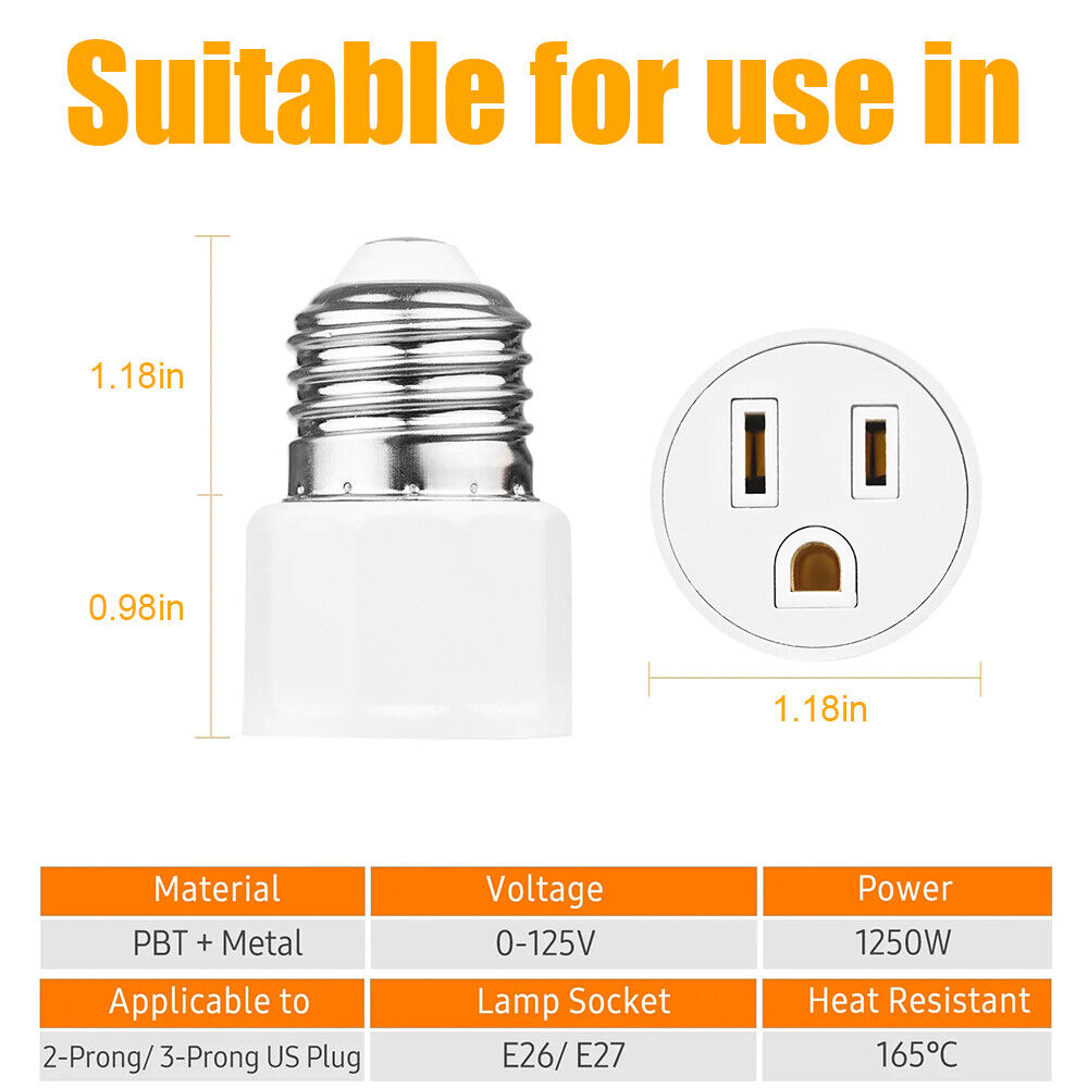 StoneSky 4 Pack E26/E27 Light Socket to Plug Adapter 2/3 Prong Light Bulb Outlet Adapter