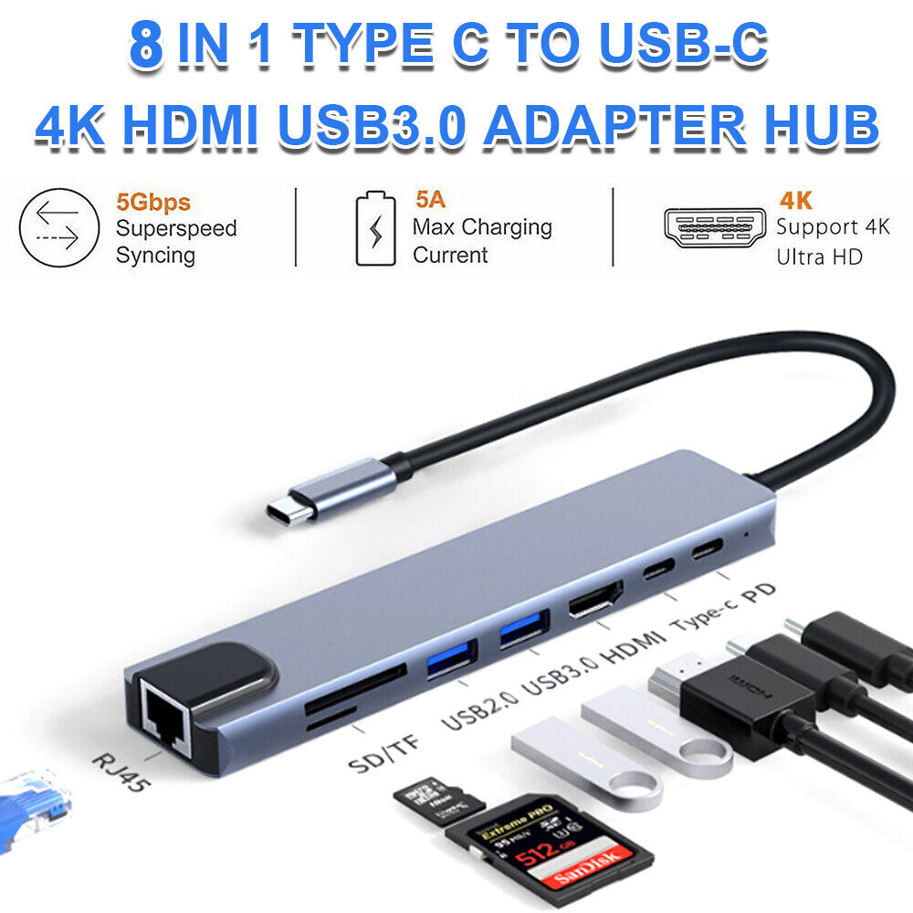 StoneSky 8 in 1 USB-C Hub Type C To USB 3.0 4K HDMI PD Adapter For iPhone Macbook Pro/Air