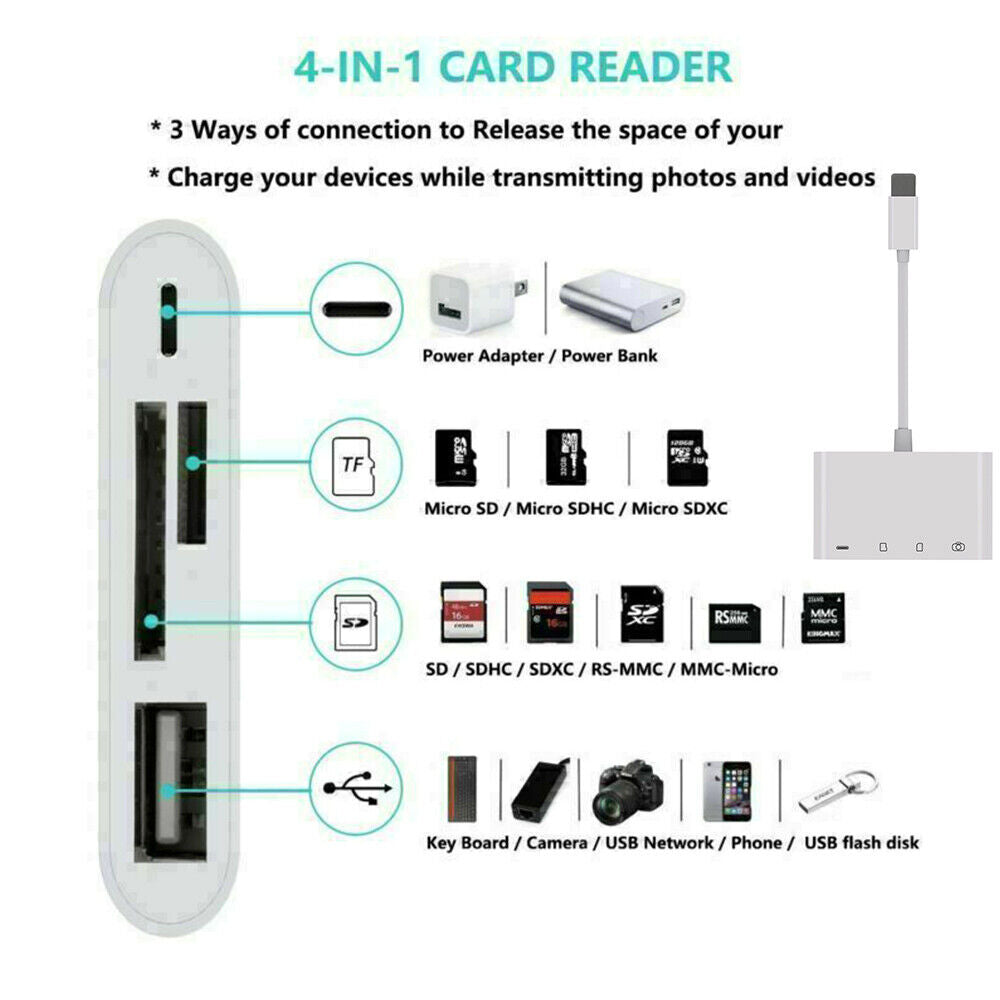 StoneSky Portable 4 in 1 USB Camera SD TF Card Reader Adapter For iPhone iPod iPad IOS 13