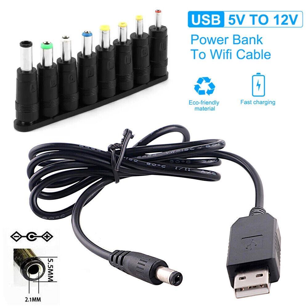StoneSky DC 5V To 12V Power Supply USB to 5.5 x 2.1mm Jack Plug Charger Cable With 8 Tips