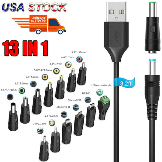 StoneSky 5V Universal USB to DC Charging Cord 5.5x2.1mm Power Cable w/ 13pcs Adapter