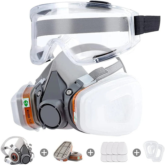 STONESKY Respirator Mask Reusable Half Face Cover Gas Mask with Safety Glasses, Paint Face Cover Face Shield with Filters for Painting, Organic Vapor, Welding, Polishing, Woodworking and Other Work Protection