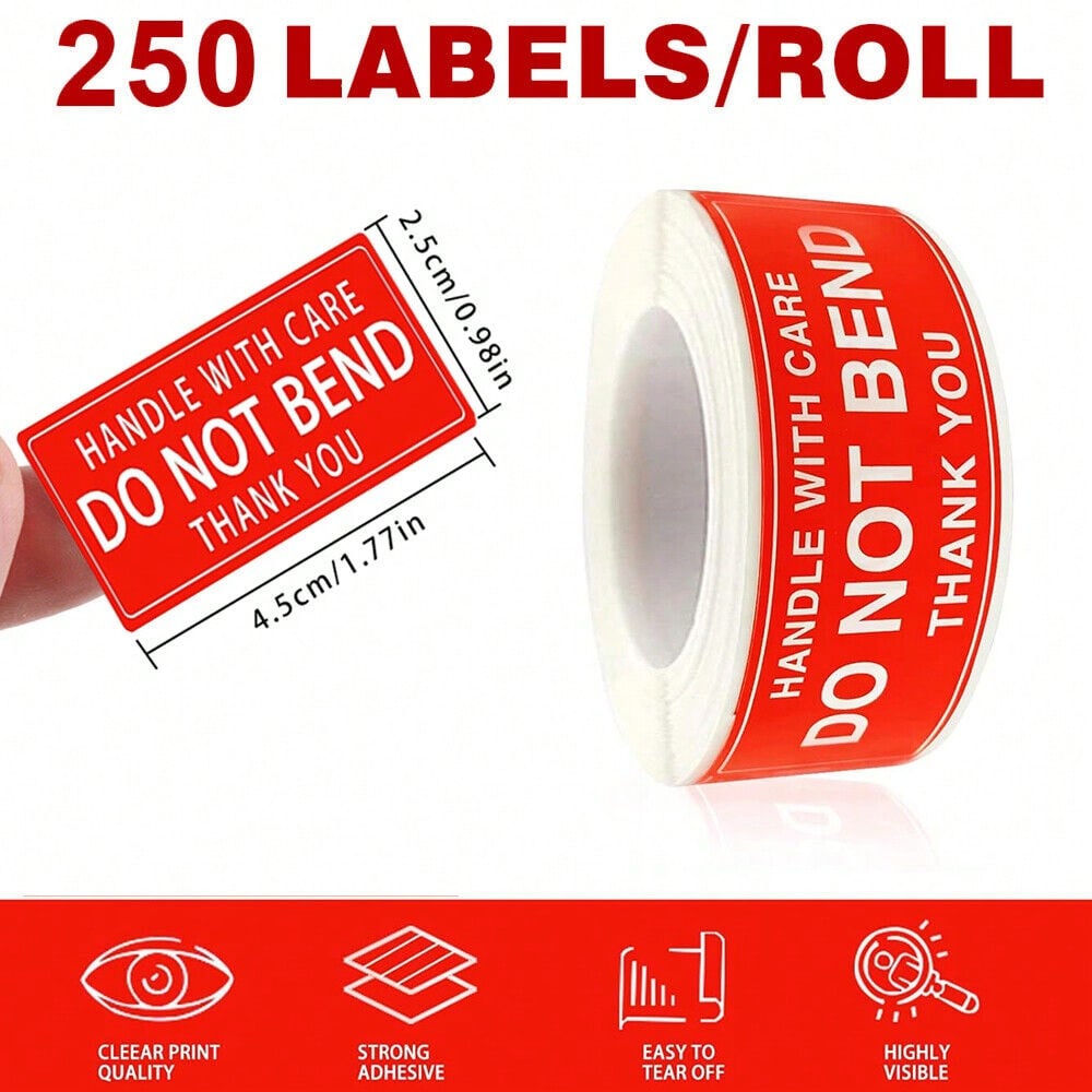 STONESKY 250PCS / Roll Red DO NOT BEND Label Stickers 1"x 1.8" Handle With Care Thank You