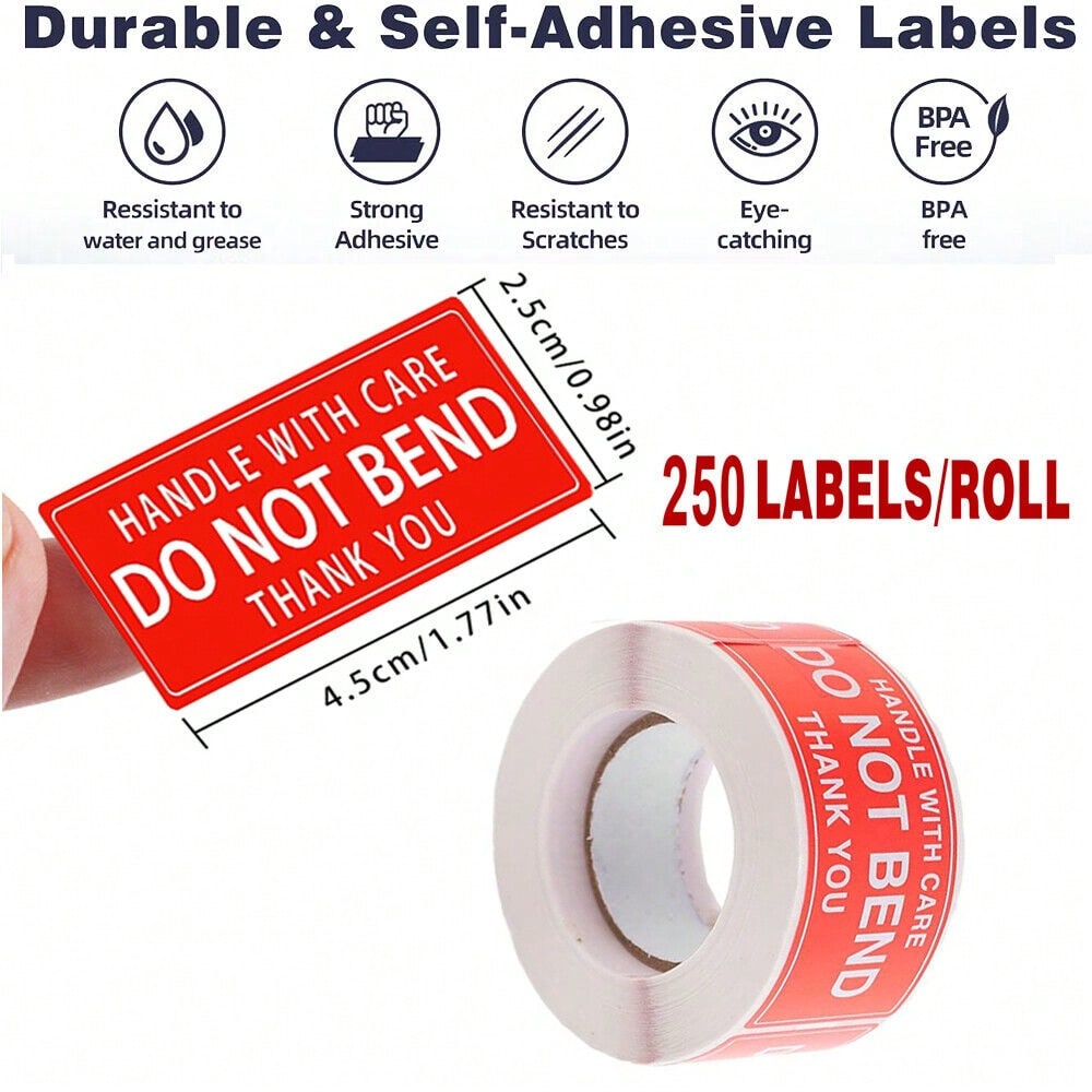 STONESKY 250PCS / Roll Red DO NOT BEND Label Stickers 1"x 1.8" Handle With Care Thank You