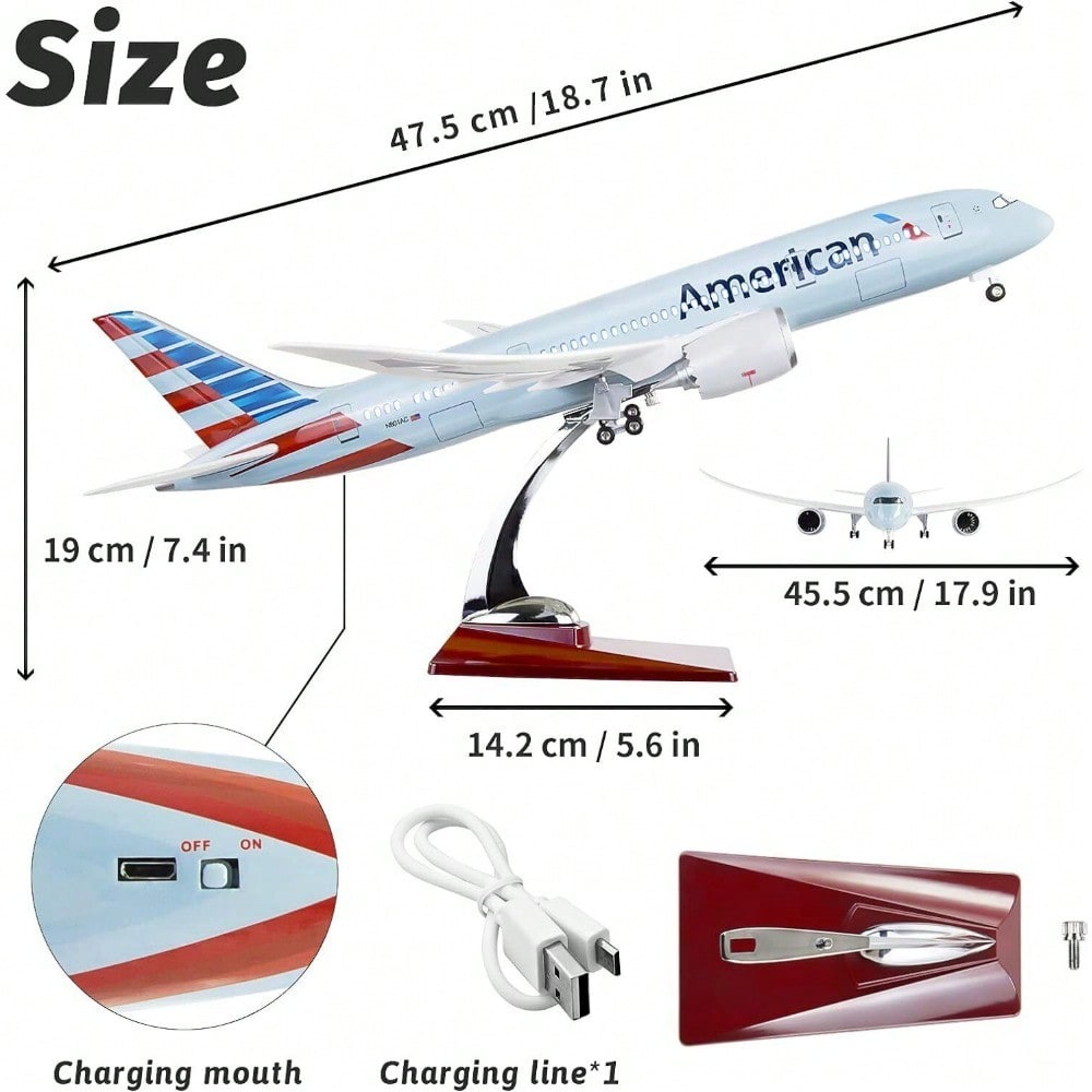 STONESKY 18" 1:130 Scale Model Jet Airplane American Boeing 787 Model Plane W/ LED Light