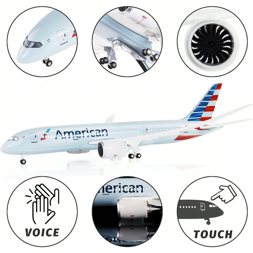 STONESKY 18" 1:130 Scale Model Jet Airplane American Boeing 787 Model Plane W/ LED Light