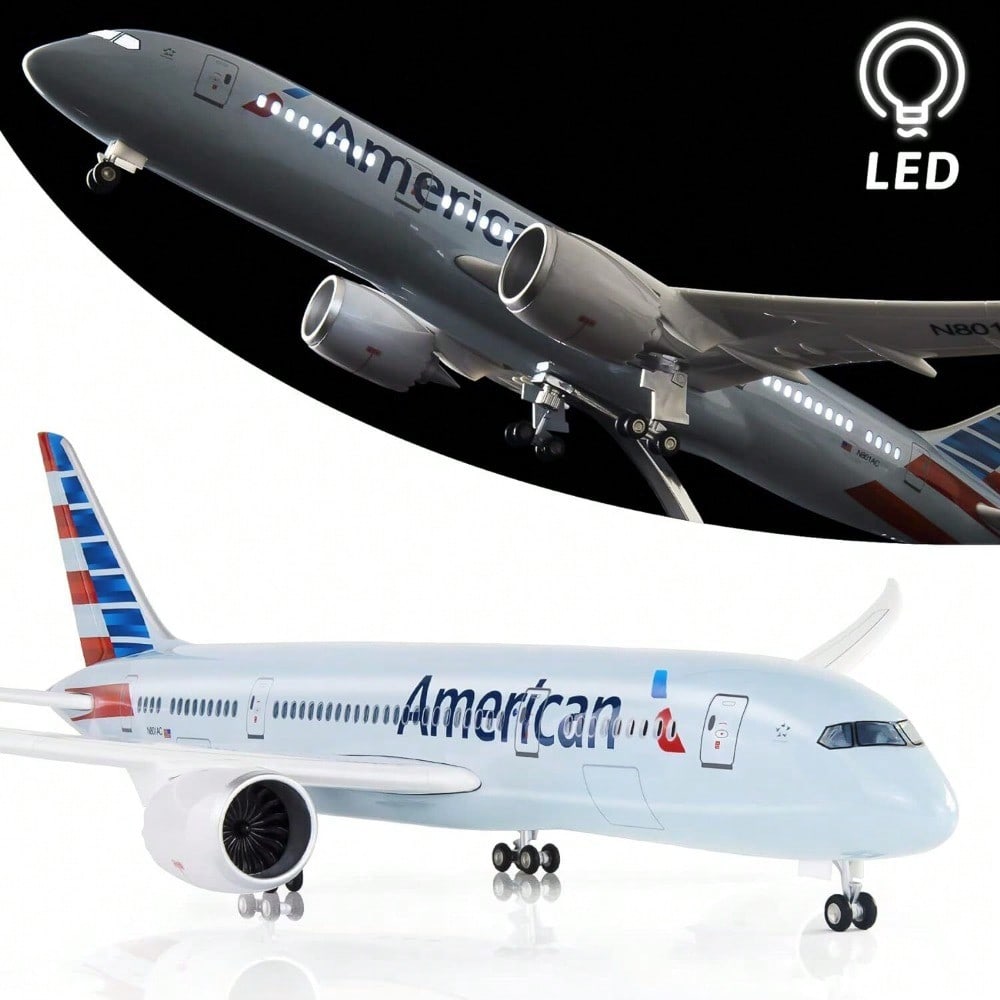 STONESKY 18" 1:130 Scale Model Jet Airplane American Boeing 787 Model Plane W/ LED Light