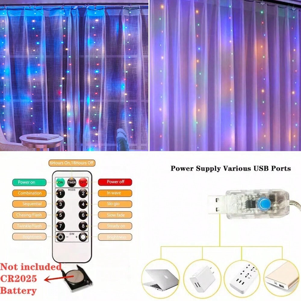 STONESKY 300 LED Curtain Fairy Lights USB String Light Xmas Wedding Party Decor w/ Remote