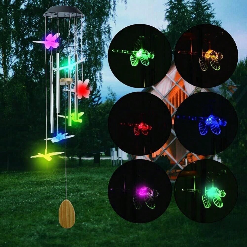 STONESKY Solar Wind Chimes LED Color Changing Dragonfly Commemorative Wind Chimes 4 Tubes